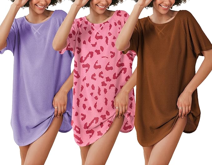 Ekouaer 3 Pack Women's Short Sleeves Shirt Casual Sleepdress Oversized Nightgown Sleepwear Set