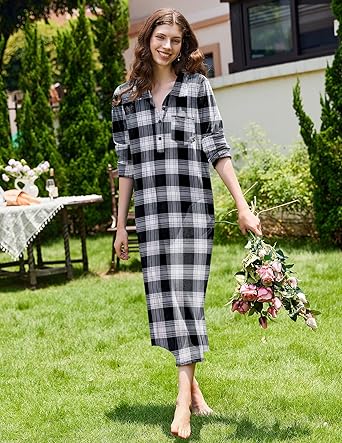 Ekouaer Women Flannel Nightgown Full Length Boyfriend Nightshirt Plaid Long Sleep Dress with Button Loungewear