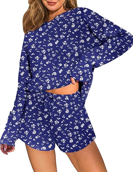 Ekouaer Waffle Knit Pajama Sets for Women Solid Lounge Sets Long Sleeve Top and Shorts Pjs