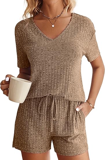 Ekouaer Womens Ribbed Knit Lounge Set Short Sleeve Top and Shorts Sleepwear Pajama Set Two Piece Shorts Outfits Set