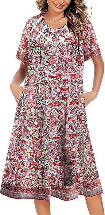 Ekouaer House Dress for Women Button Down Nightgown Short Sleeve Housecoat with pockets