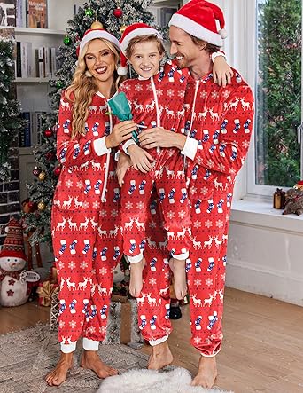 Ekouaer Christmas Onesie Matching Family Fleece Hooded One Piece Zipper Long Sleeve Pajamas with Pockets