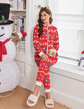 Ekouaer Christmas Onesie Fleece Long Sleeve Adult One Piece Pajamas for Women Zipper Pjs with Pocket