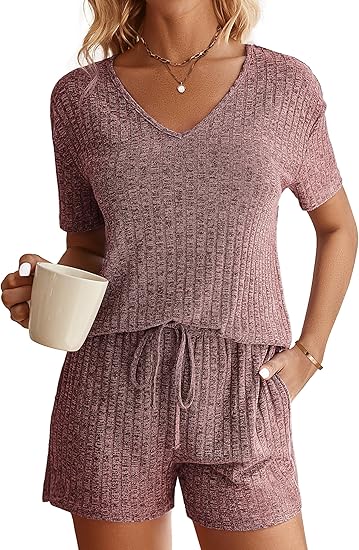Ekouaer Womens Ribbed Knit Lounge Set Short Sleeve Top and Shorts Sleepwear Pajama Set Two Piece Shorts Outfits Set
