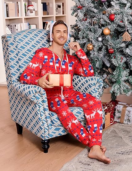 Ekouaer Christmas Onesie for Couples Zipper Hooded Adult Matching Onesie Pajamas with Pockets