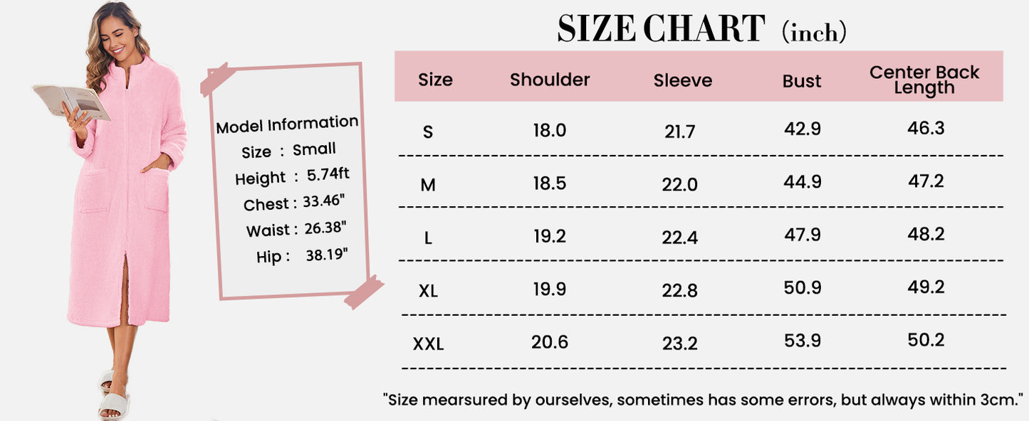 Ekouaer Women Zipper Robe Fleece Long Sleeves Bathrobe Sleepwear Warm Soft Housecoat with Pockets Zip Up House Dresses