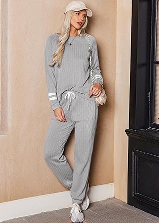 Ekouaer Lounge Sets for Women Ribbed Knit Outfits Pajamas Sets 2 Piece Long Sleeve Sweatsuits with Pockets