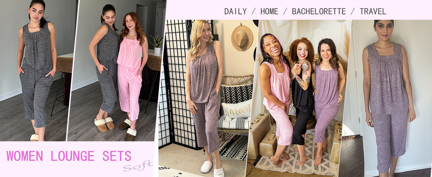 Ekouaer Womens Pajamas Set Pleated Square Neck Sleeveless Tops and Capri Pants Lounge Sets 2 Piece Summer Outfits