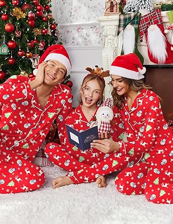 Ekouaer Christmas Family Matching Pajamas Long Sleeve Button Down Pj Set Festival Party Sleepwear Christmas Red XL