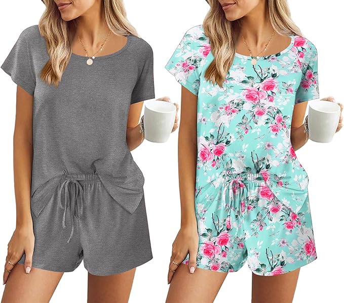 Ekouaer 2 Pack Womens Pajama Sets Short Sleeve Sleepwear Soft Crew Neck Pj Shorts Set Printed Loungewear Set