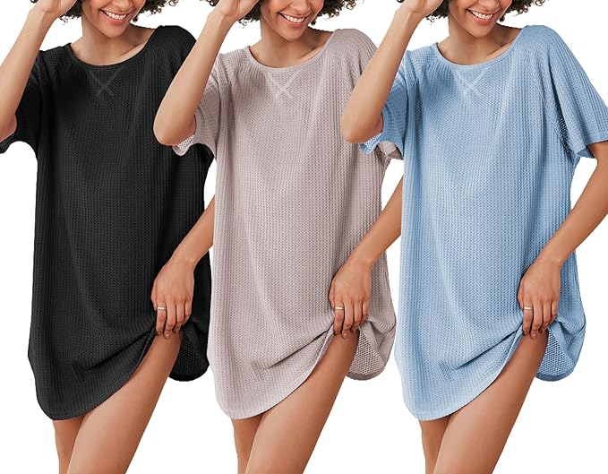 Ekouaer 3 Pack Women's Short Sleeves Shirt Casual Sleepdress Oversized Nightgown Sleepwear Set