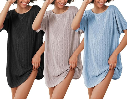 Ekouaer 3 Pack Women's Short Sleeves Shirt Casual Sleepdress Oversized Nightgown Sleepwear Set