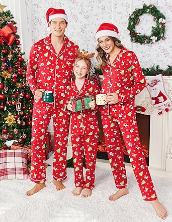 Ekouaer Christmas Family Matching Pajamas Long Sleeve Button Down Pj Set Festival Party Sleepwear Christmas Red XL