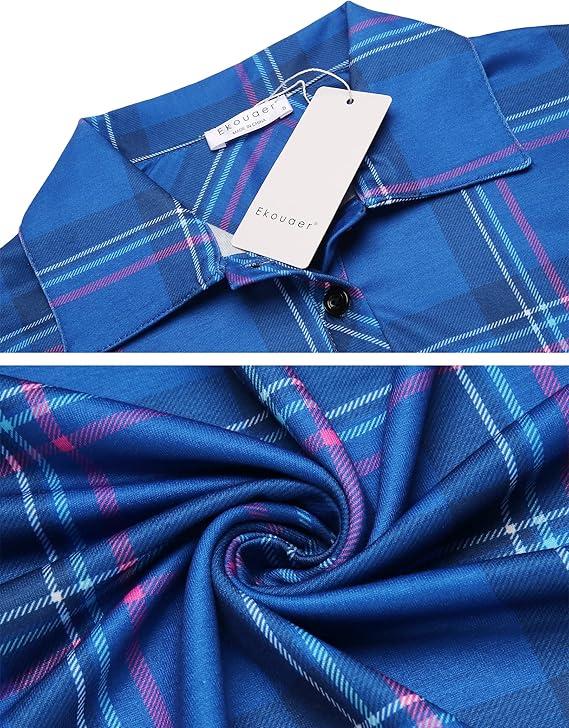 Ekouaer Women's Nightgown Long Sleeve Nightshirt Full Length Loungewear Plaid Sleepwear With Pockets