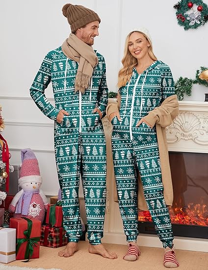 Ekouaer Christmas Onesie for Couples Zipper Hooded Adult Matching Onesie Pajamas with Pockets