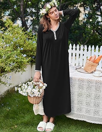 Ekouaer Women's Long Sleeve Nightgown Full Length Sleepwear Long Sleepshirts Henley Sleep Dress