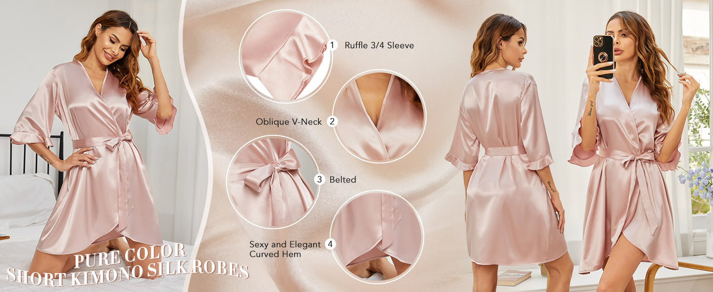 Ekouaer Women's Satin Robe Valentines Lingerie for Women Bathrobe Short Ruffle Belted Robes Bridesmaids Sleepwear