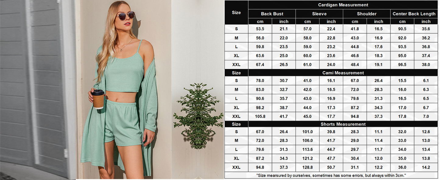 Ekouaer Pajamas for Women Set 3 Piece Lounge Set Soft Pajama Sets Waffle Knit Tank Top and Shorts Cardigan with Pockets