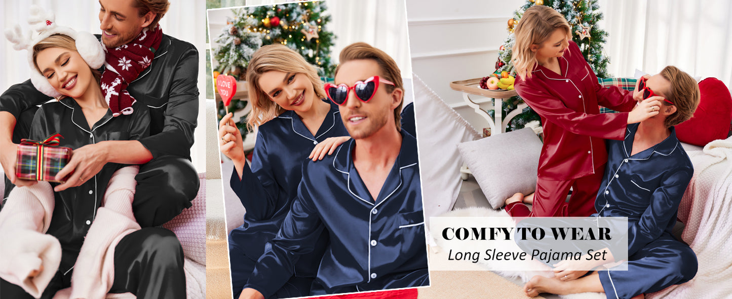 Ekouaer Couples Matching Pajamas Silk Long Sleeve Sleepwear Satin Soft Button Down Loungewear Pjs Set