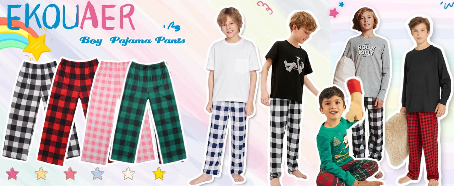 Ekouaer Boys Pajama Pants Long Sleep Soft Elastic Waist Bottoms Plaid Lounge With 2 Pockets 4-14 Years