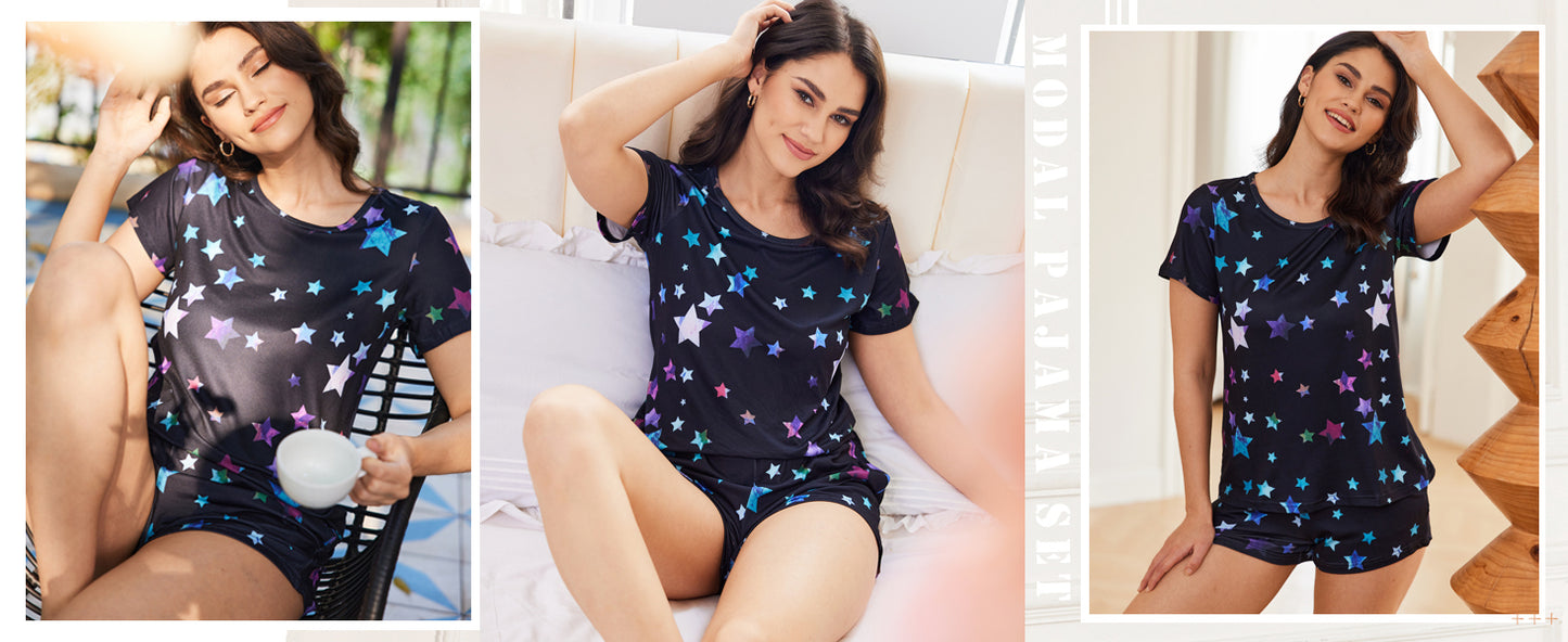 Ekouaer Women's Pajama Sets Short Sleeve Pjs 2 Piece Top and Shorts Sleepwear Comfy Soft Lounge Sets with Pockets
