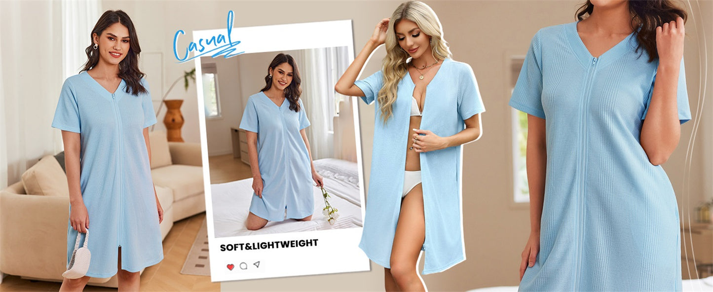 Ekouaer Women Zipper Robes Waffle Short Bathrobe Lightweight House Coat with Pockets Soft Nightgown