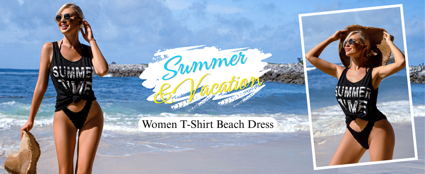 Ekouaer Women's Sleeveless Swimwear Coverups T-Shirt Beach Dress Tank Bikini Cover Up with Print