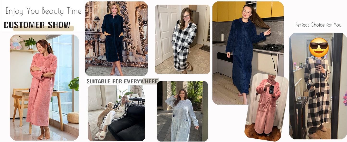 Ekouaer Women Zipper Robe Fleece Long Sleeves Bathrobe Sleepwear Warm Soft Housecoat with Pockets Zip Up House Dresses