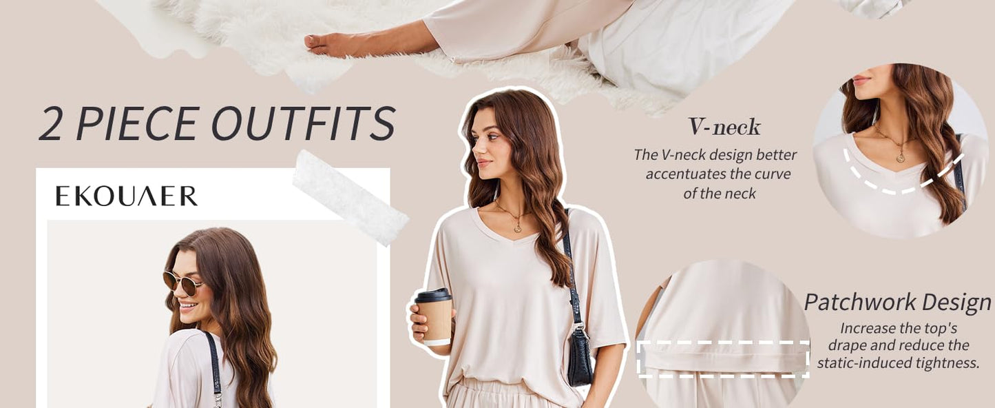 Ekouaer Lounge Sets for Women Comfy Pajamas Set 2 Piece Outfits Short Sleeve Tops and Wide Leg Pants with Large Pockets