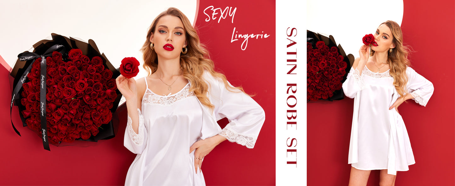 Ekouaer Sleepwear Women's Satin Nightgown with Robes Set 2 Piece Lace Cami Nightwear