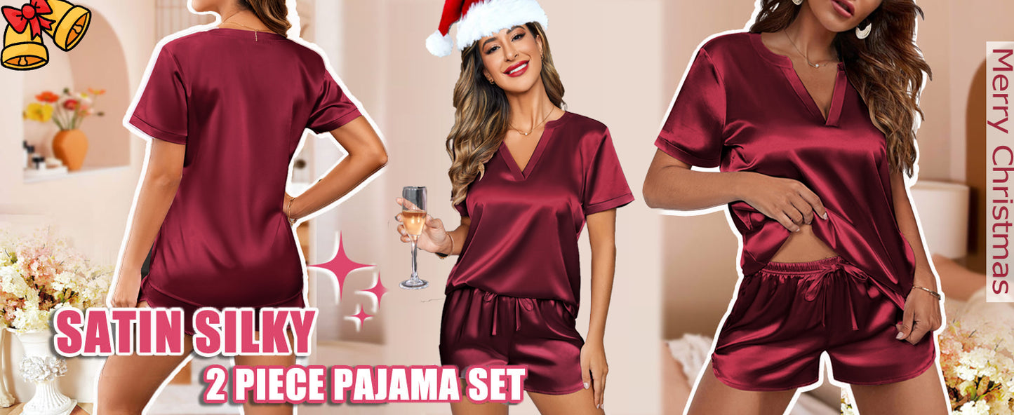Ekouaer Silk Pajamas for Women Short Sleeve Satin Sleepwear Two-piece Pjs Set Soft V Neck Loungewear