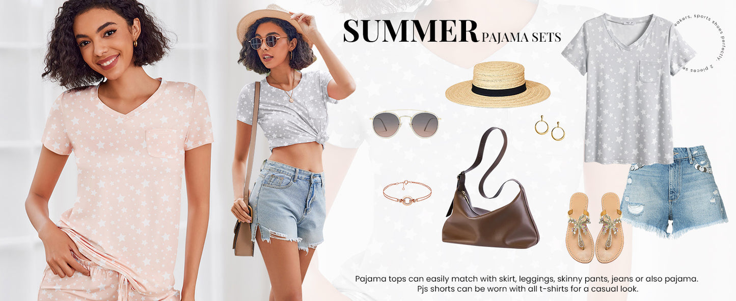 Ekouaer Womens Pajama Sets Short Sleeve Pajamas for Women Sets Soft Lounge Sets Casual V Neck Sleepwear PJS