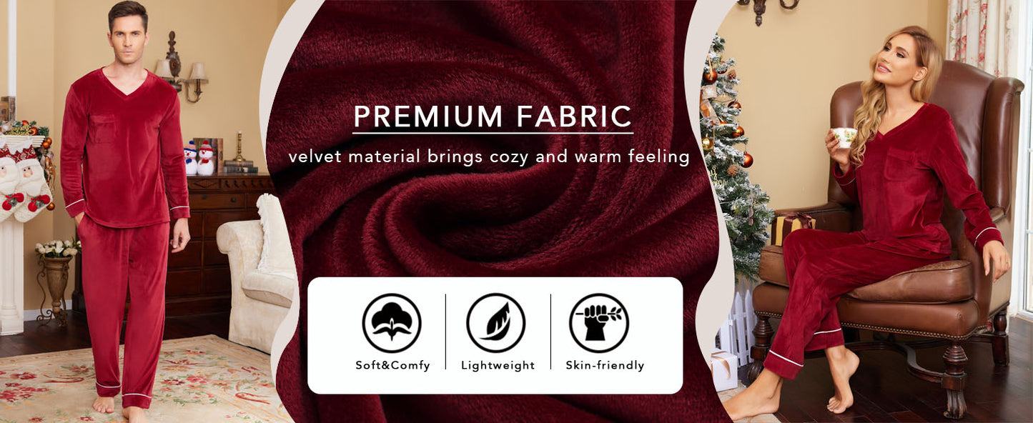 Ekouaer Couples Matching Pajamas Sets Velvet PJs Set for Men and Women Velour Long Sleeve Sleepwear