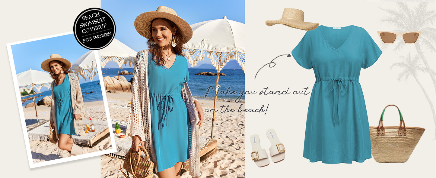 Ekouaer Womens Swimsuit Coverup Short Sleeve Beach Cover Up Dress V Neck Bikini Beachwear