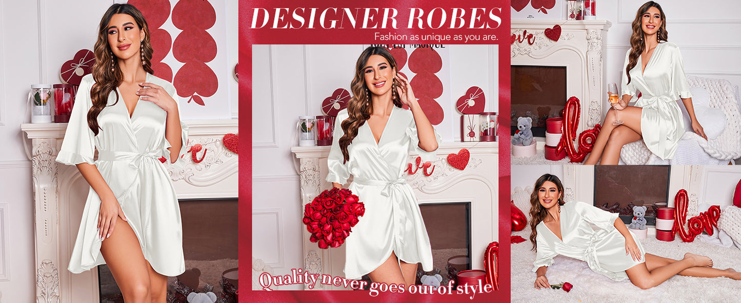 Ekouaer Women's Satin Robe Valentines Lingerie for Women Bathrobe Short Ruffle Belted Robes Bridesmaids Sleepwear