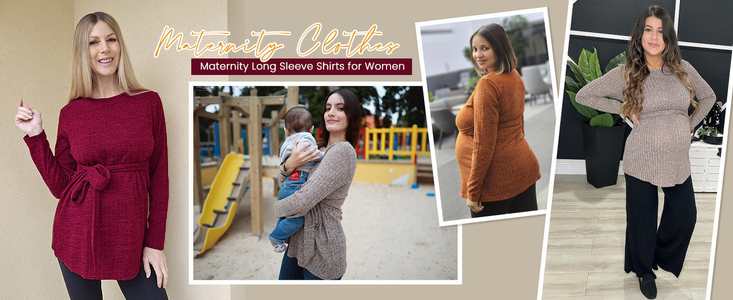 Ekouaer Women's Maternity Shirts Long Sleeve Pregnancy Tops Casual Ribbed Knit Winter Pregnant Blouses