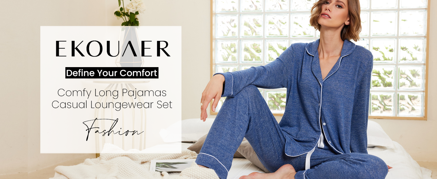 Ekouaer Women's Pajamas Long Sleeve Sleepwear Casual Button Down Loungewear Soft Pjs Set