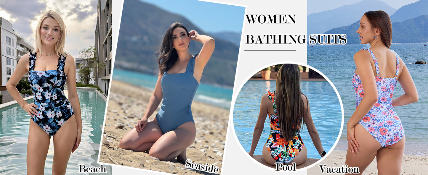 Ekouaer Women's One Piece Swimsuits Square Neck Tummy Control Bathing Suit with Adjustable Ruffled Straps Swimwear
