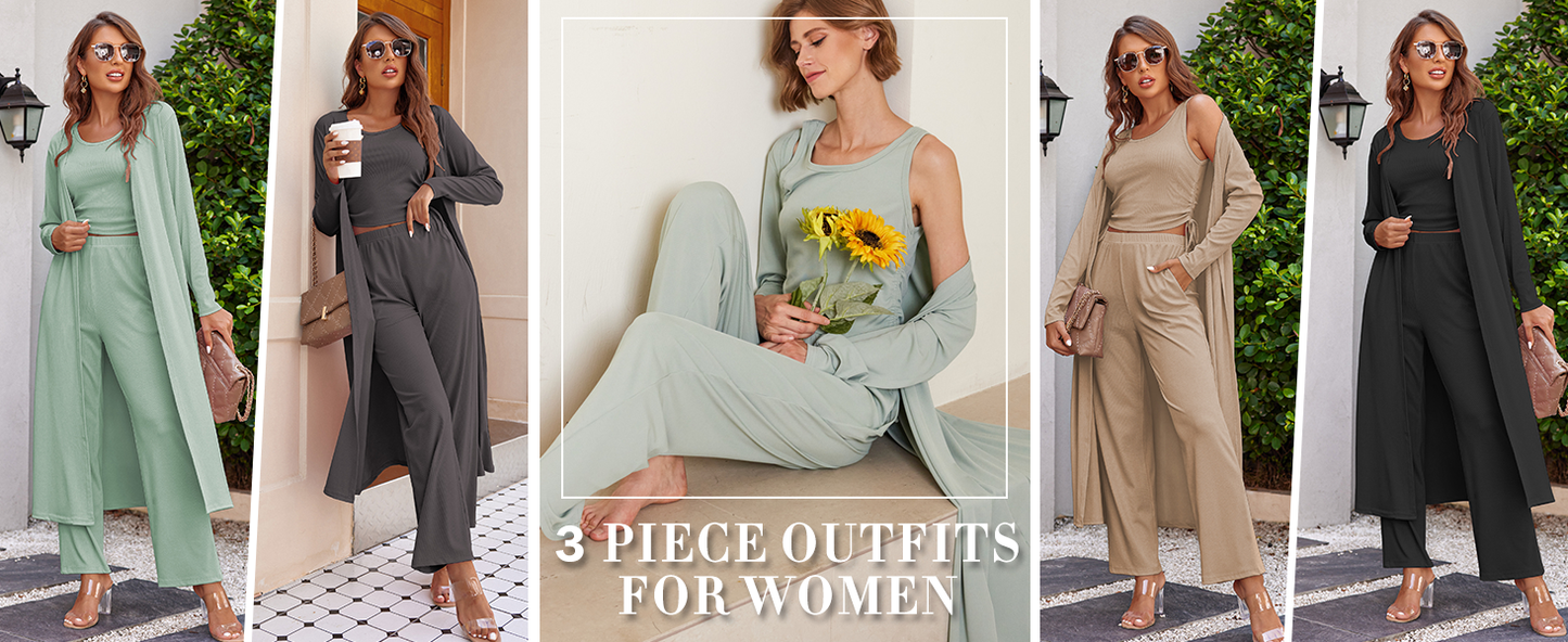 Ekouaer Women's 3 Piece Lounge Set Pajama Long Sleeve Cardigan Sleeveless Top Pants Sweatsuit