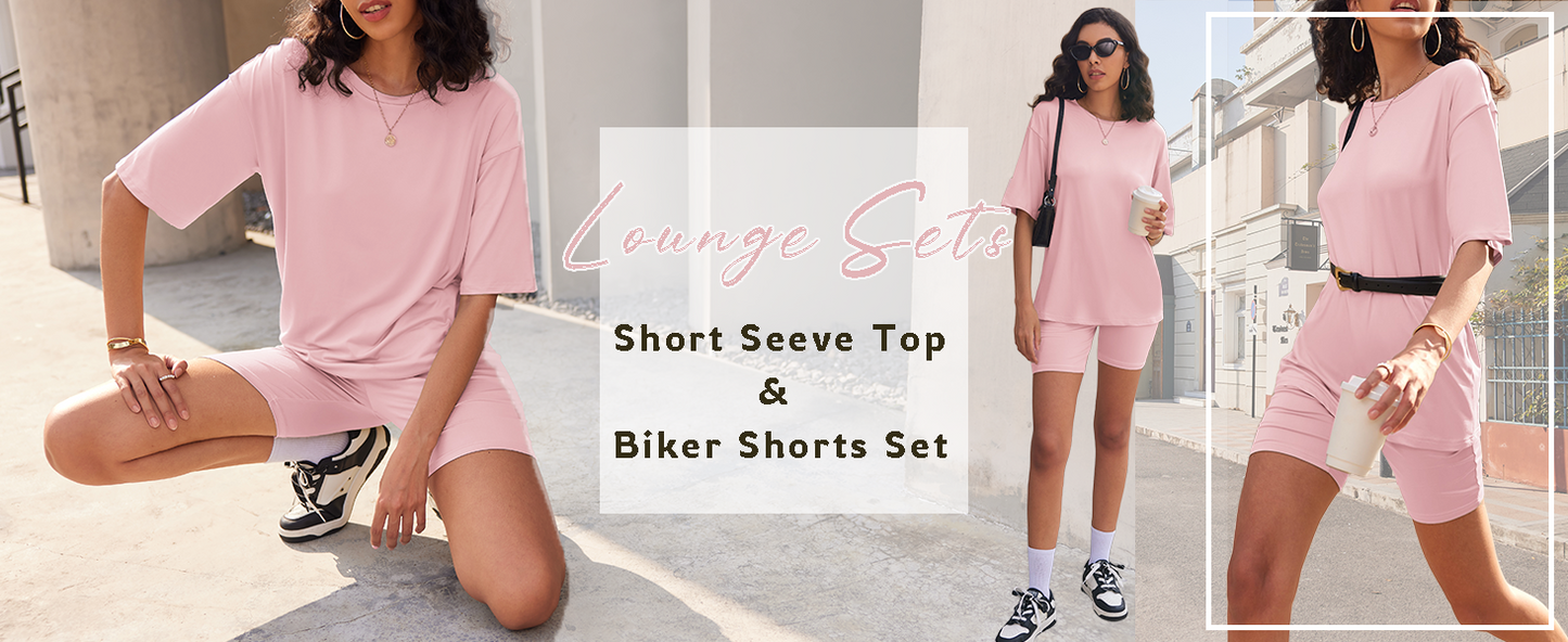 Ekouaer Women Cotton Lounge Sets Summer Outfits T-Shirt Top and Biker Short Set 2 Piece Matching Tracksuit
