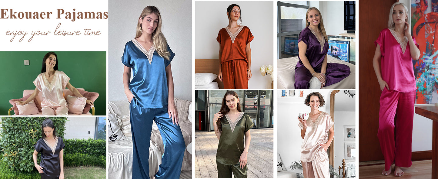 Ekouaer Silk Pajamas Set Womens Lace V Neck Loungewear Short Sleeve Satin Shirt with Long Pant Silky Pjs