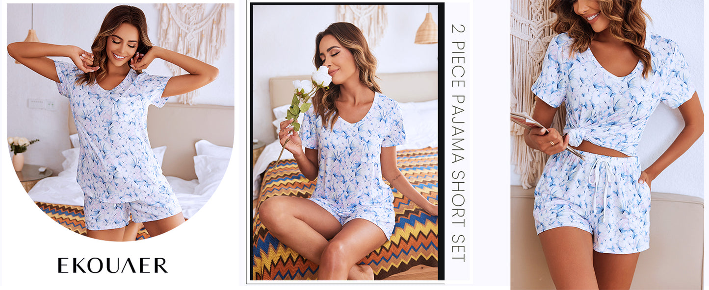 Ekouaer Women's Pajamas Sets Short Sleeve Lounge Sets Sleepwear Casual Two Piece Pjs With Pockets