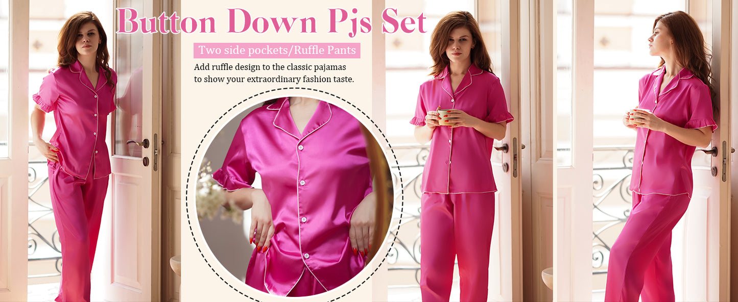 Ekouaer Silk Pajamas for Women Satin Short Sleeve Pajamas Set with Ruffle 2 Pieces Button Down Tops and Pants Rose Red M
