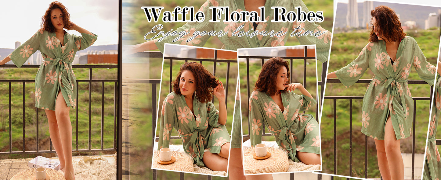 Ekouaer Robes for Women Waffle Knit Bathrobe Soft Lightweight Knee Length Loungewear