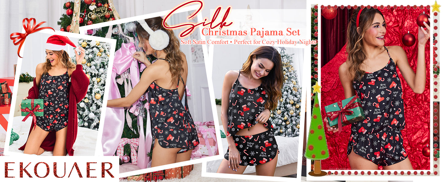 Ekouaer Silk Pajamas Set for Women Satin Backless Lingerie Pjs Cami Top and Shorts Nightwear