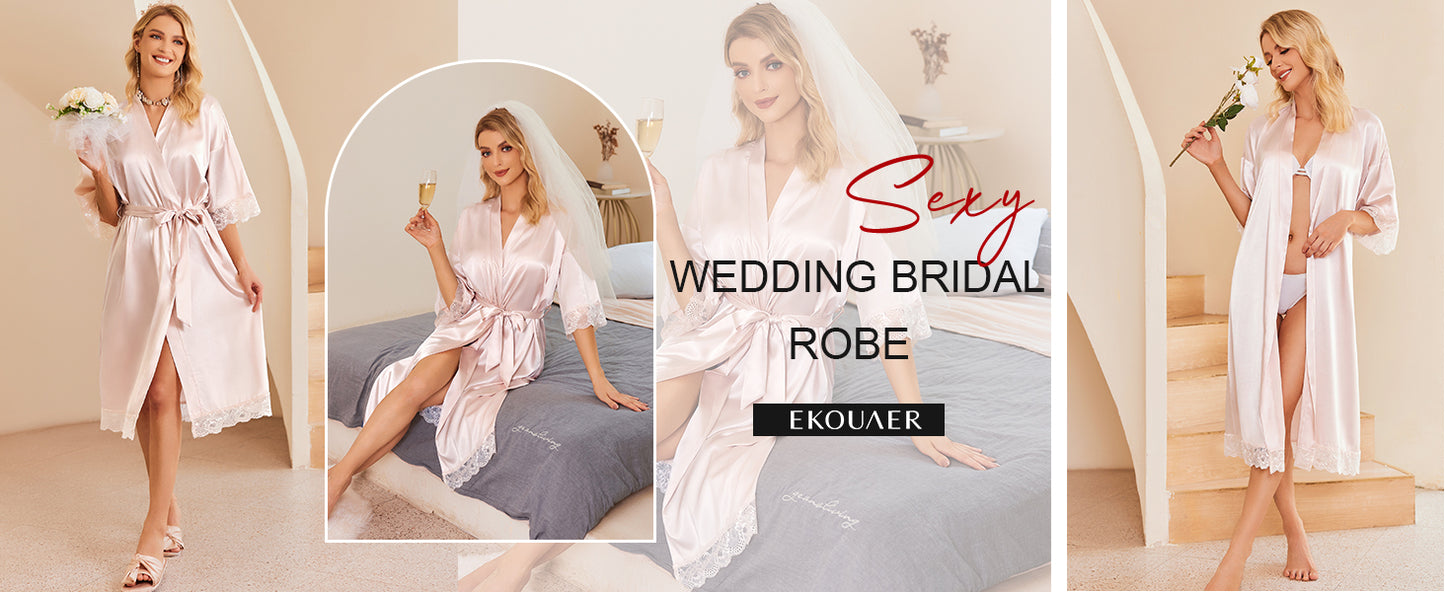 Ekouaer Women's Satin Robe Silk Bathrobe for Bride Long Bridesmaids Wedding Party Loungewear Sleepwear