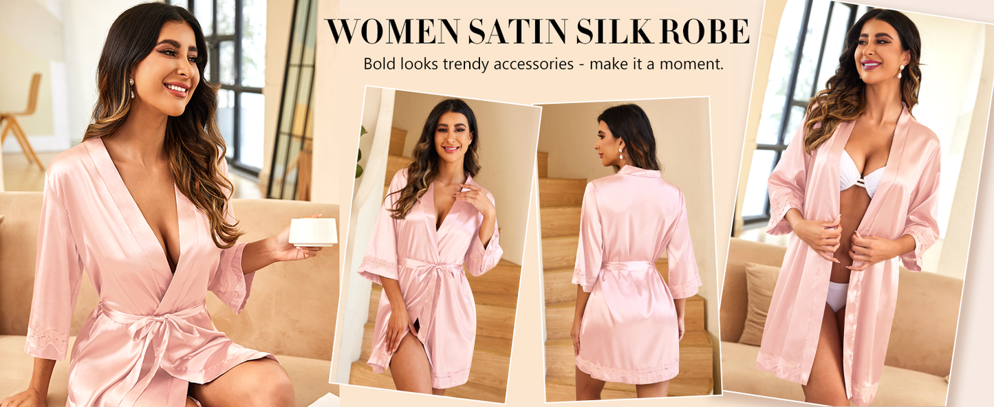 Ekouaer Women's Lace-Trim Silk Robes Bride Bridesmaid Satin Bathrobe V Neck Sleepwear with 3/4 Sleeve