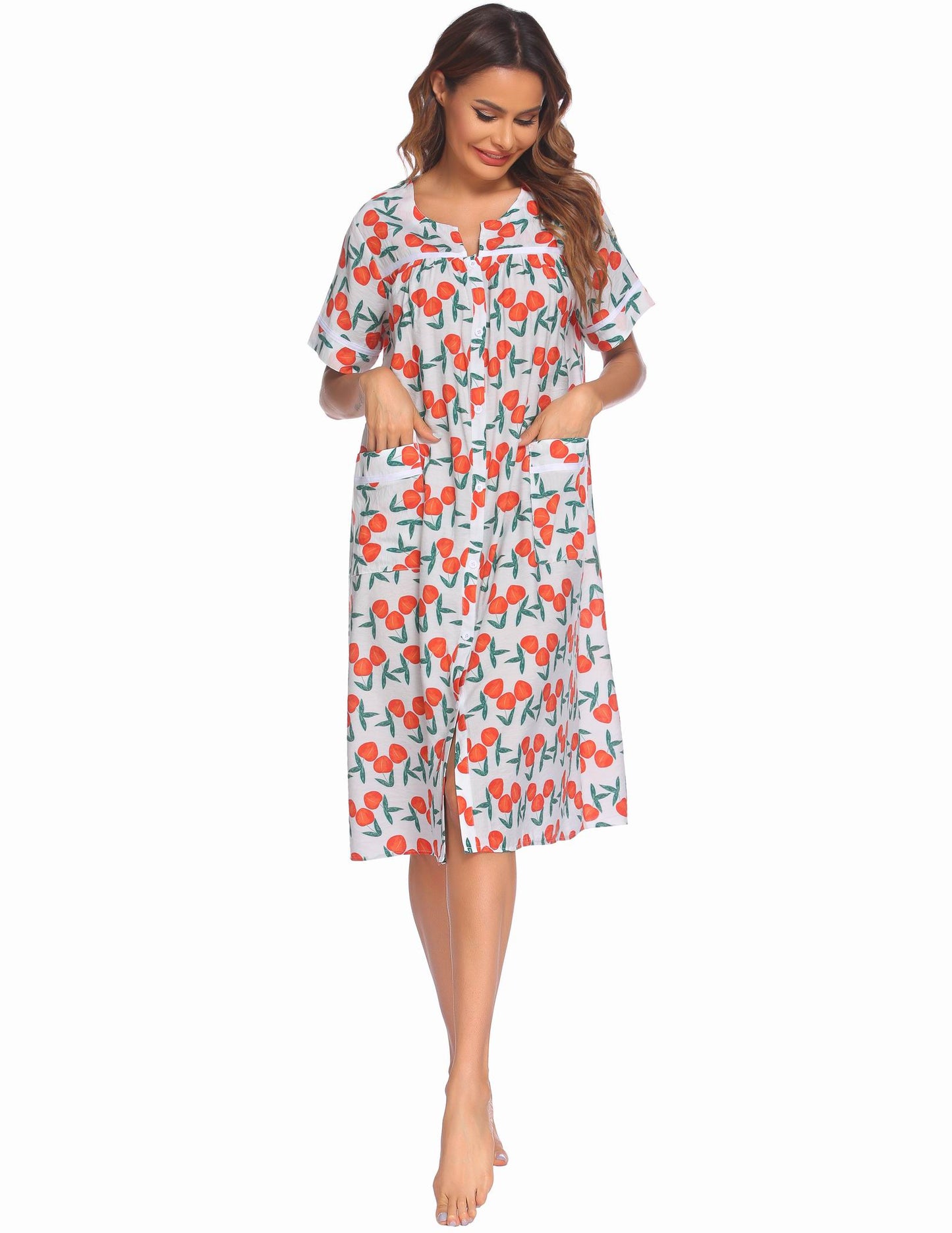 Ekouaer House Dress for Women with Pockets Button Down Duster Housecoat Short Sleeve Mumu Nightgown