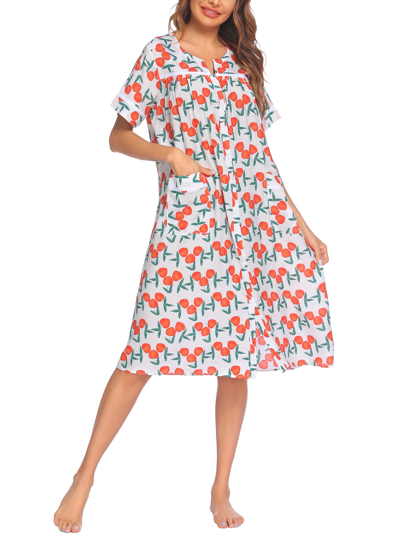 Ekouaer House Dress for Women with Pockets Button Down Duster Housecoat Short Sleeve Mumu Nightgown