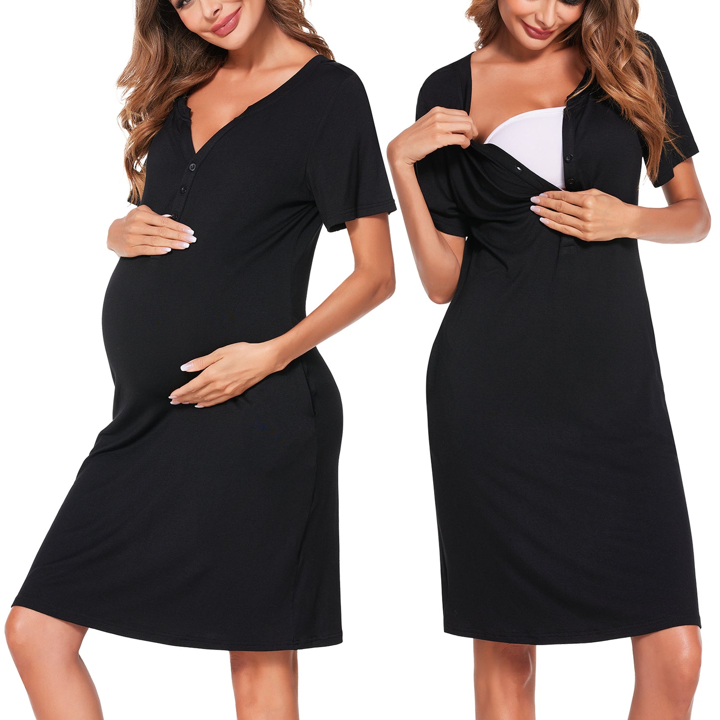 Ekouaer Nursing Nightgown Striped Women Short Sleeve Breastfeeding Sleep Dress Maternity Delivery/Labor Gown Floral Grey